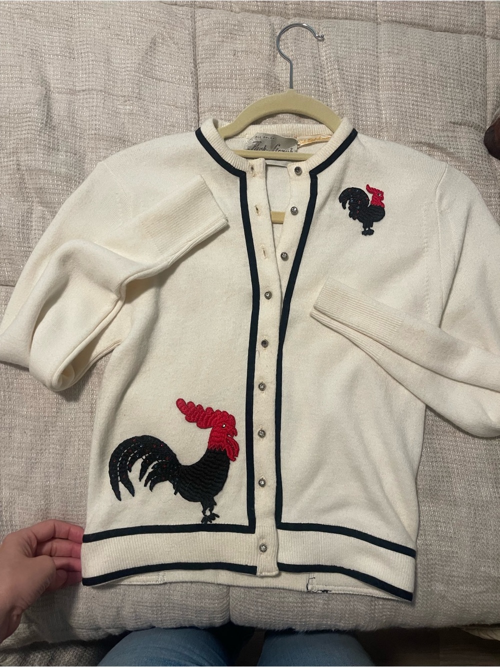 Vintage Saks Fifth Avenue Cream Cardigan with Black & Red Rooster Motifs